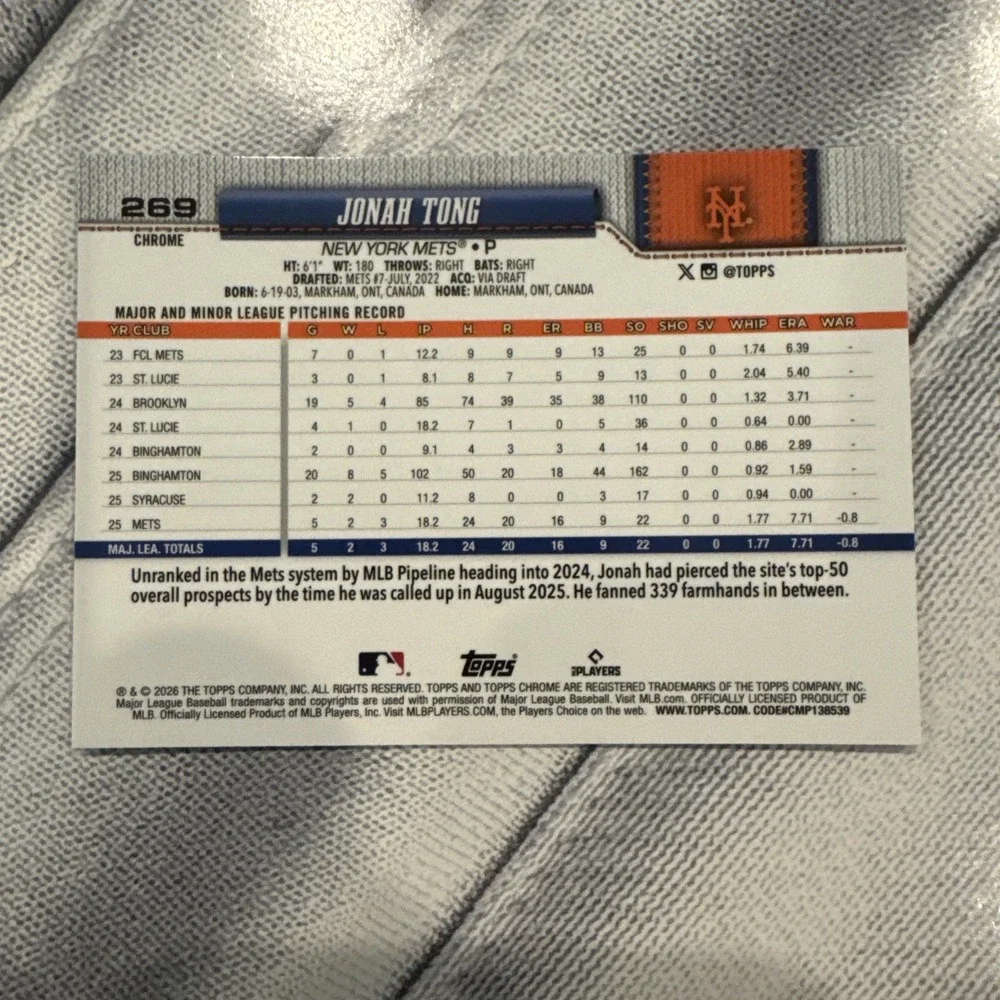 2026 Topps Chrome Jonah Tong RC #269 Red White & Blue Refractor New York Mets